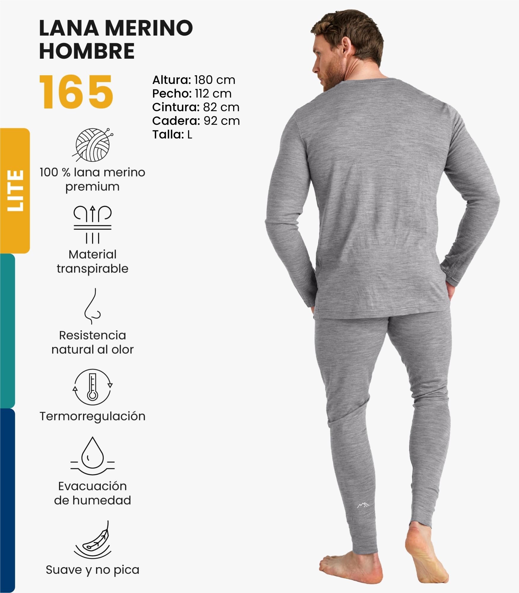 Merino.tech Conjunto Lana Merino Hombre - 100% Lana Merino con Calcetines (X-Large, Lite 165 Heathered Grey)