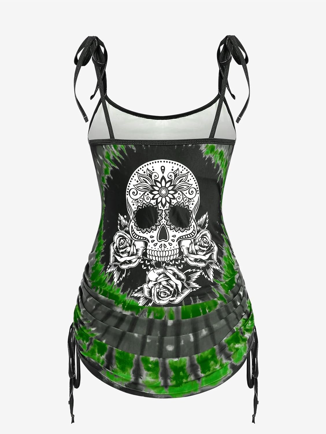 Rosegal Womens Plus Size Skull Rose Tie Dye Print Cinched Ruched Tie Boyshorts Tankini Swimsuit Set