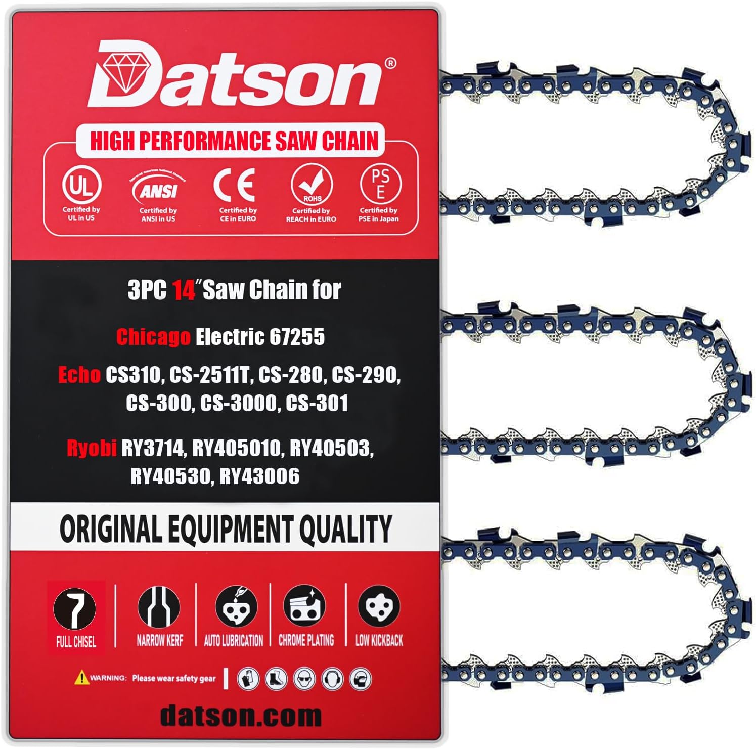 14" Replacement Chainsaw Saw Chain Blade For Chicago Electric 67255 For Husqvarna 120,334T,335T,T435, T540,Echo CS-310,CS-370,CS-370F,CS-370T,Ryobi RY3714,RY40530, RY43006 (3 Chains)