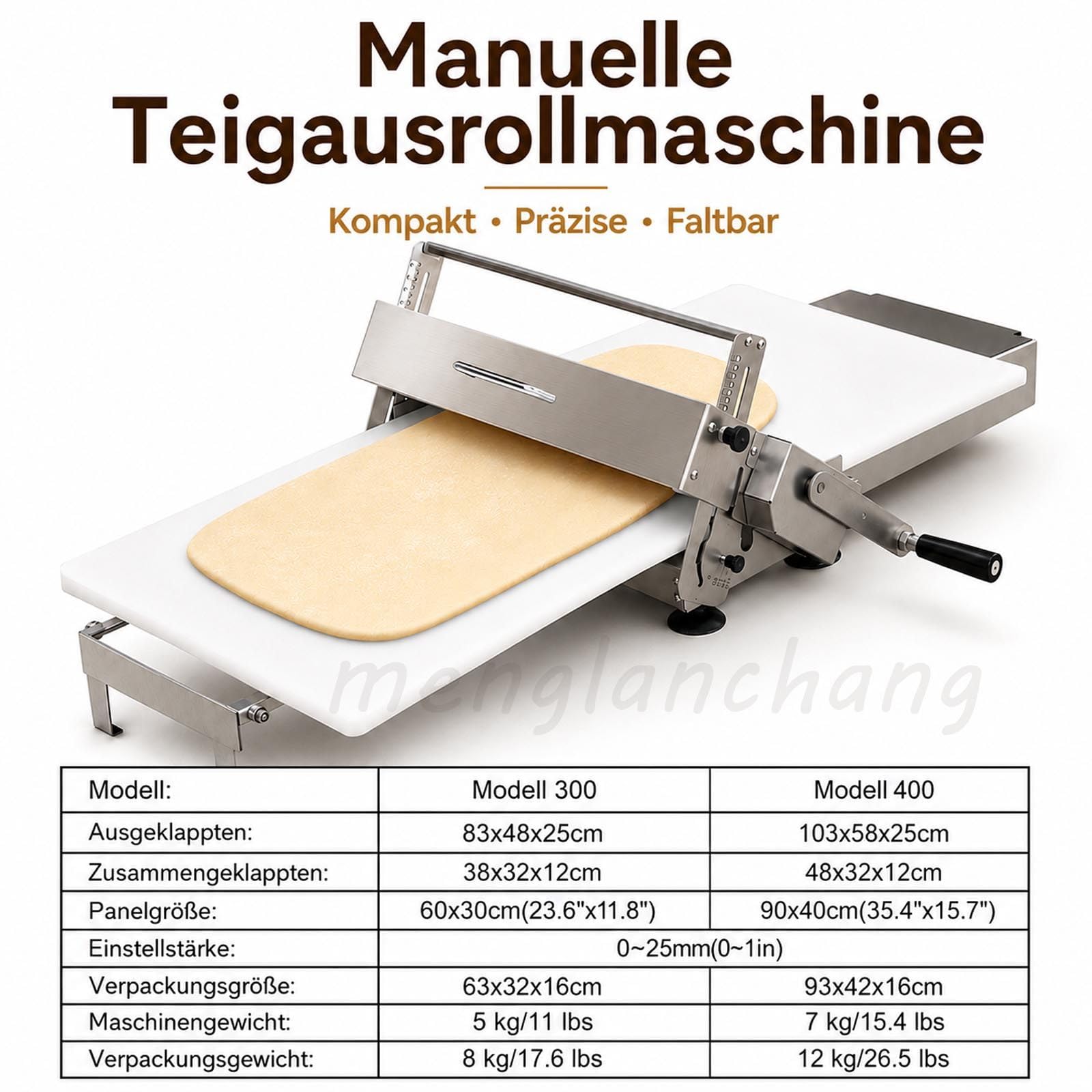 Teigausrollmaschine Edelstahl Gewerbliche/Heim, Manuelle Faltbare Ausrollmaschine Mit 0-25mm Einstellbarer Dicke FüR BläTterteig, Fondant, Pizza, Croissants Und Konditoreien Modell300
