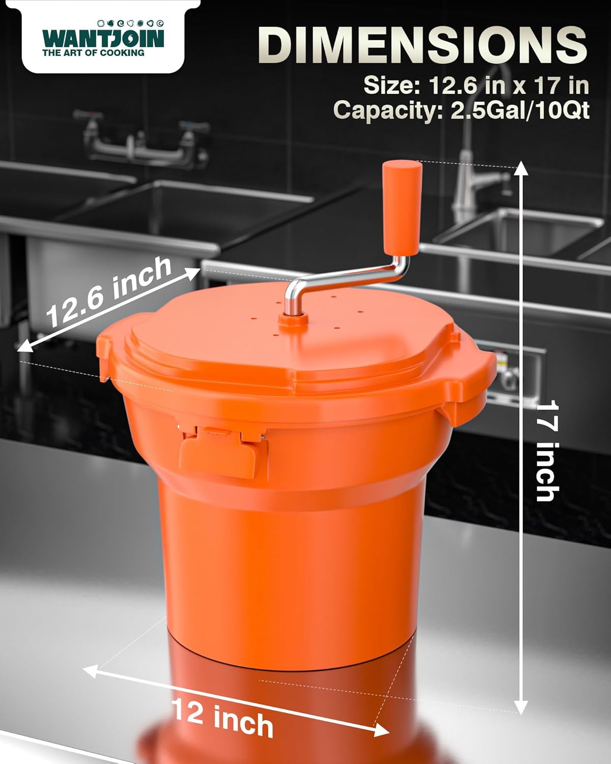 Wantjoin Commercial Salad Spinner - 2.5 Gallon Salad Dryer w/Aluminum Handle & Draining Hose, 10Qt Manual Salad Spinner for up to 3 Heads of Lettuce Spinner Large for Catering Kitchen