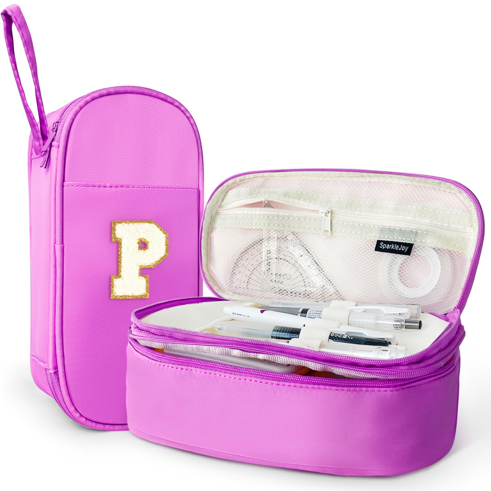 SparkleJoy Large Pencil Case for Girls, Personalised with Plush Letter (A-Z), Double Compartment School Supplies for Pens & Stationery, Cute Kawaii Gift for Teens & Adolescents&Woman (P, Purple)