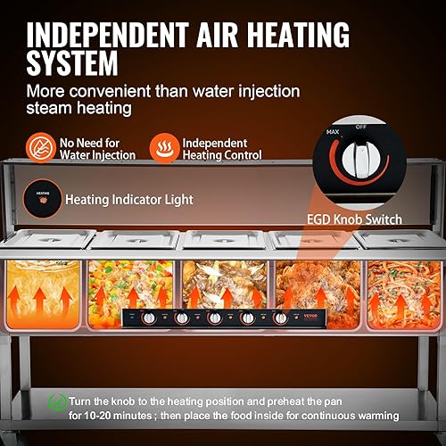 Miniatura 4 de VEVOR Calentador de alimentos comercial de 5 bandejas, mesa de vapor eléctrica de 5 x 20.6 cuartos de galón, calentador de alimentos profesional de