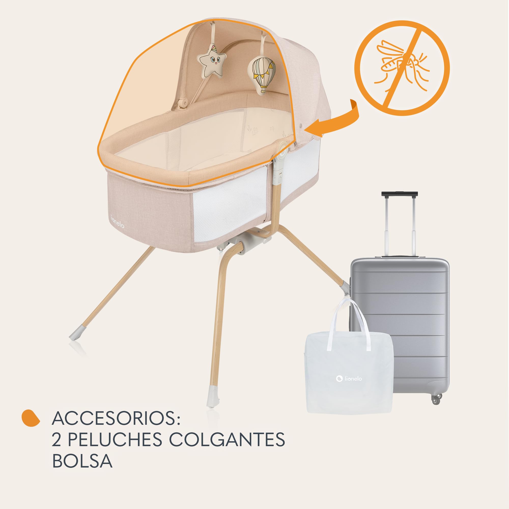 lionelo Malin EVO - Cuna de Viaje para bebé con colchón, de 0 a 9 kg, Dosel con mosquitera, Plegable, Sistema de balancín, reclinable, Montaje rápido (Beige Natural)