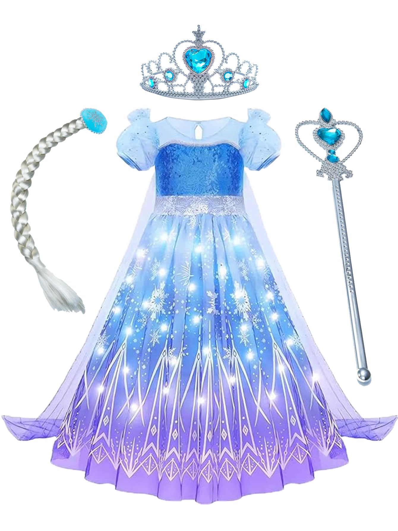 Sincere Party Deluxe Light Up Princess Dress with Plait,Wand,Tiara Perfect for World Book Day,Xmas Gift for Girls 5-6 years
