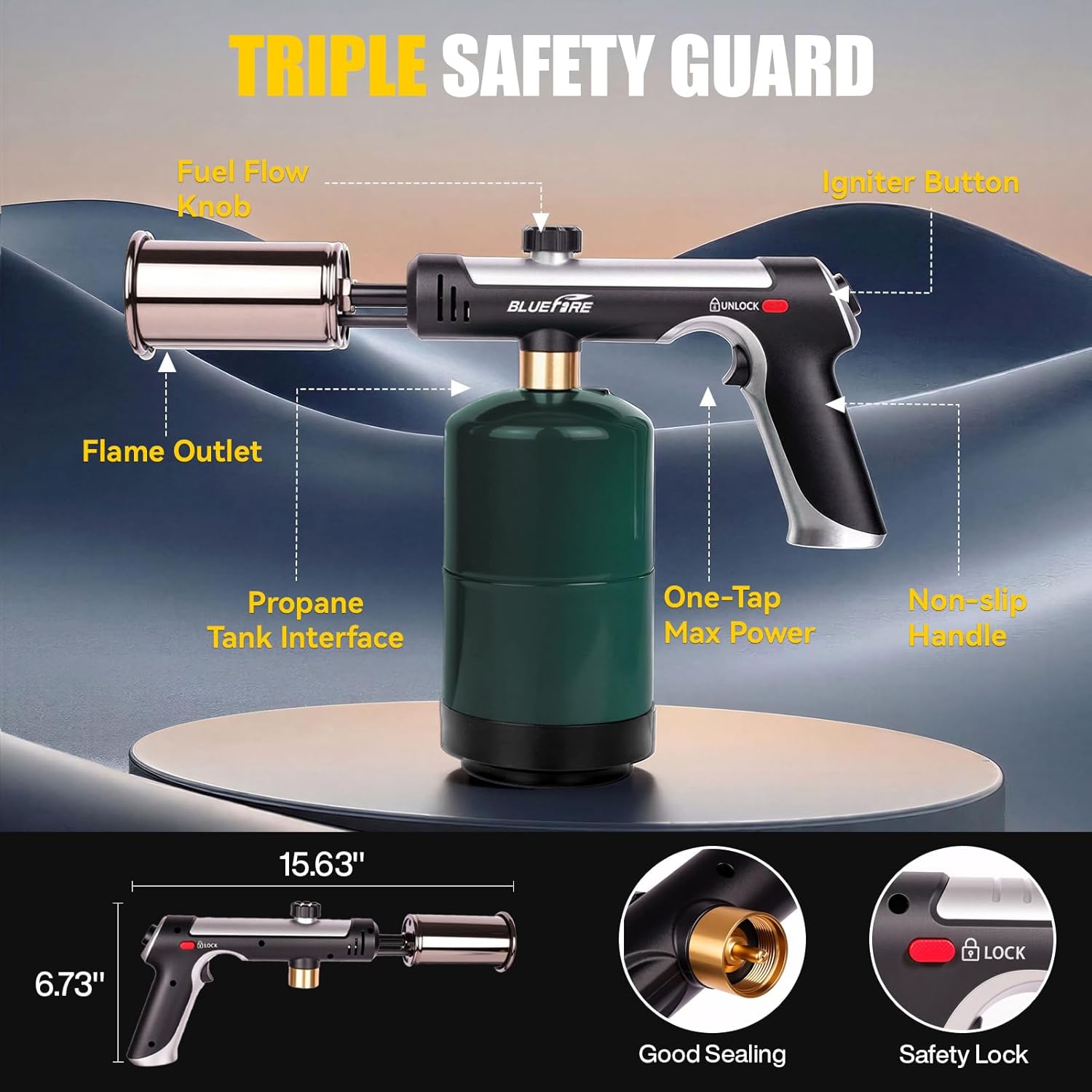 Bluefire Propane Torch with One-Touch Max Fire, 3272°F Cooking Blow Torch Gun for Sous Vide & BBQ, High Output Charcoal Lighter with Adjustable Flame, Fits CGA600 Propane Tank (Not Included)