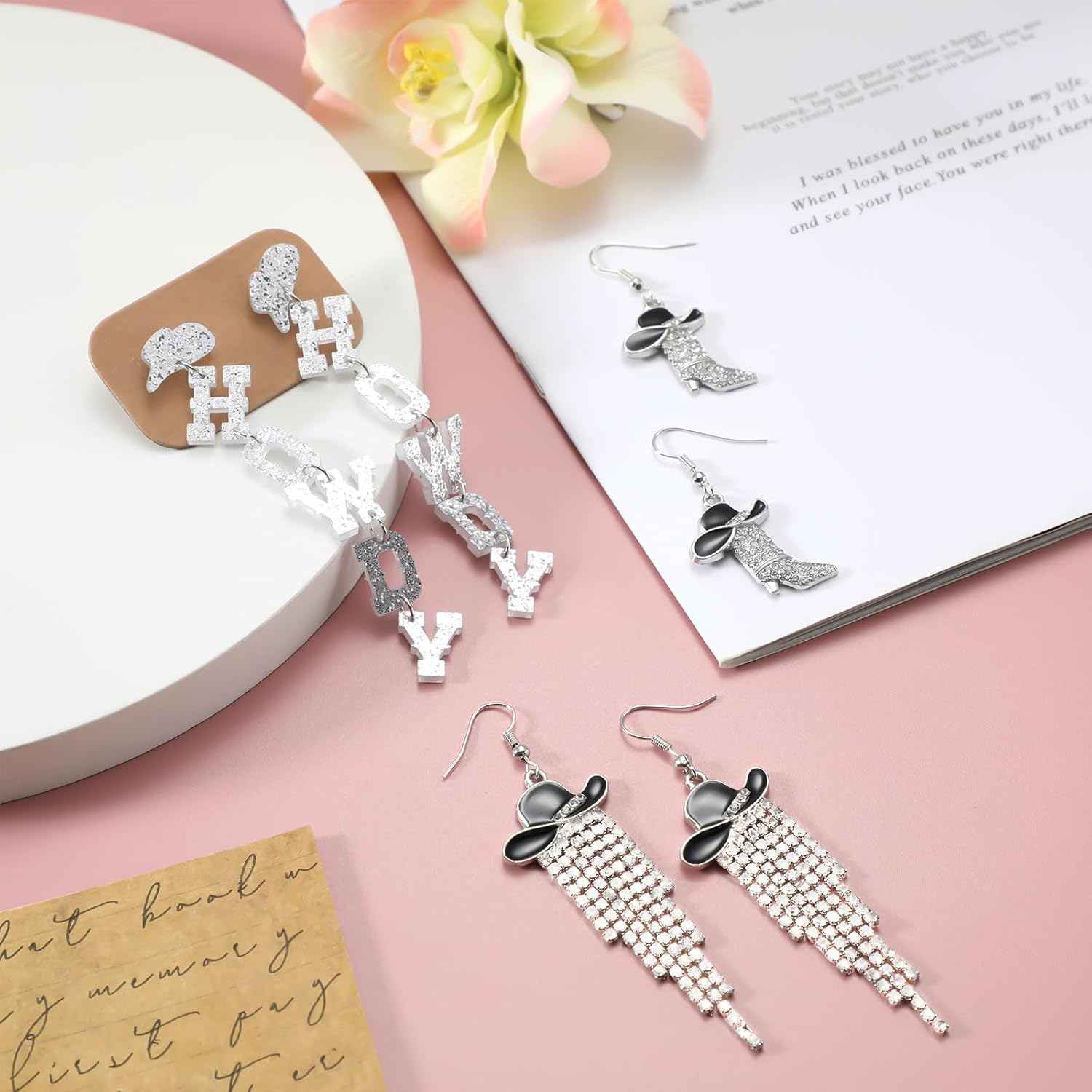 Quelay 3 Sets Cowgirl Earrings for Women Western Cowboy Hat Earring Silver Glitter Boot Drop Dangle Cowgirl Outfit Accessories for Women Country Concert Party Jewelry Gifts - Image 2