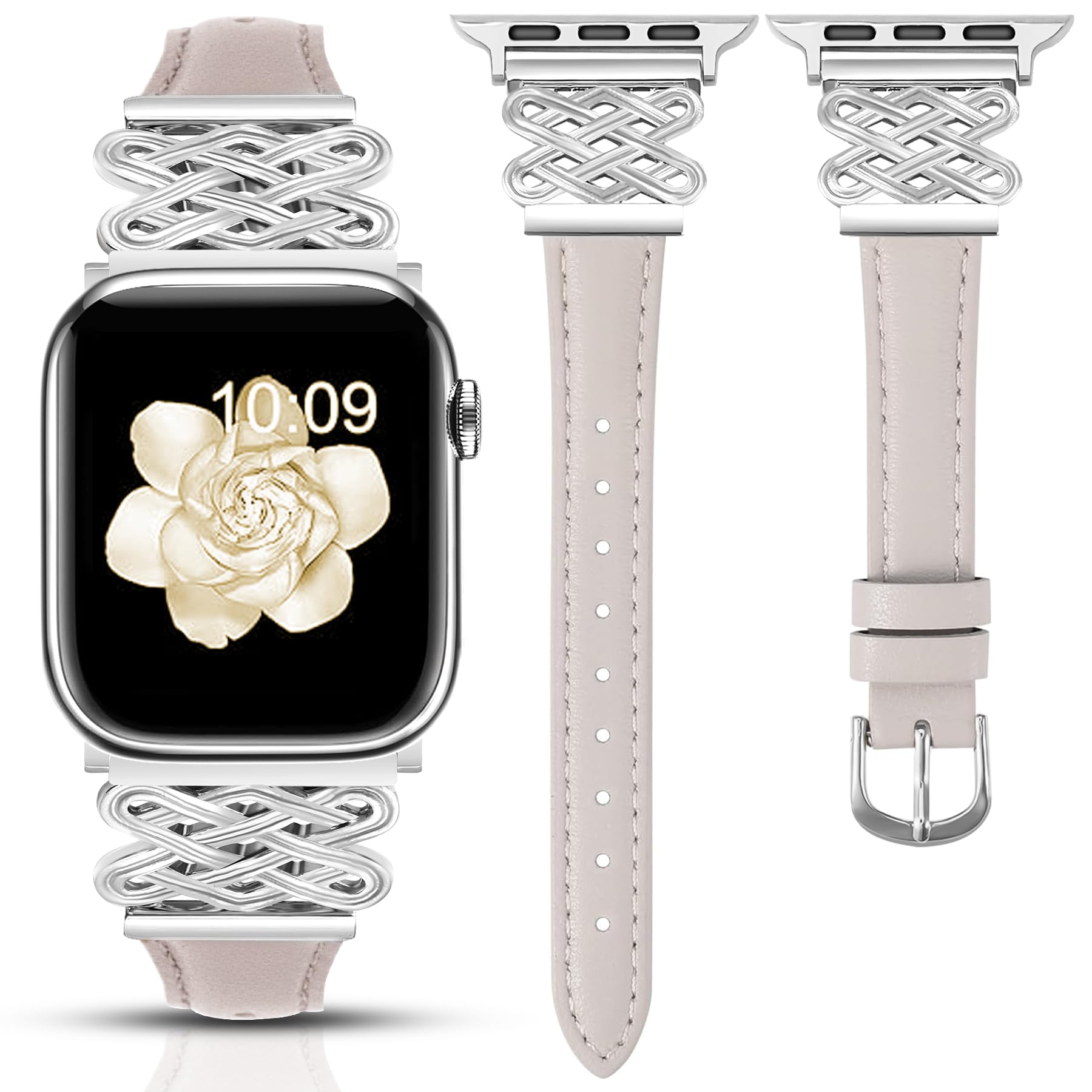 Newlibery Leather Band for Women Slim Dressy Bands Compatible with Apple Watch 38mm 40mm 41mm 42mm 44mm 45mm 49mm, Designer Interlock Buckle Strap for iWatch Series 10/9/8/7/6/5/4/3/2/1/SE/Ultra