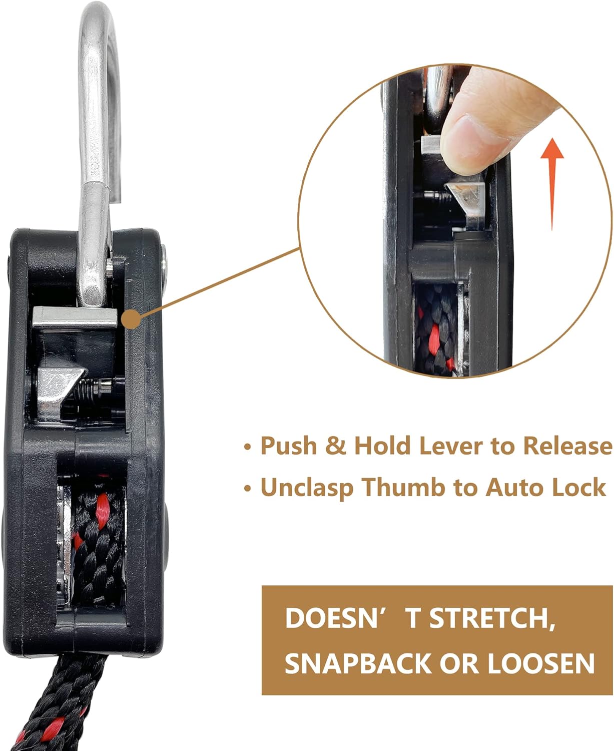 Rope Tie Downs, 3/8” x 15ft. Locking Ratchet Pulley with 3.1” Carabiner for Kayak Bow and Stern Secure – 1 Pair - Image 5