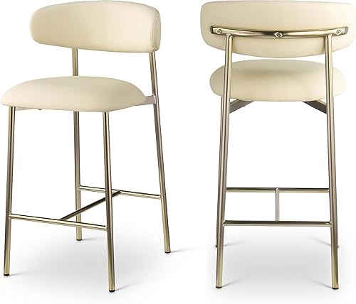 Meridian Furniture 995Cream-C Lupita Collection Modern Taburete contemporáneo con suave piel vegana crema, marco de metal dorado cepillado, 20.5