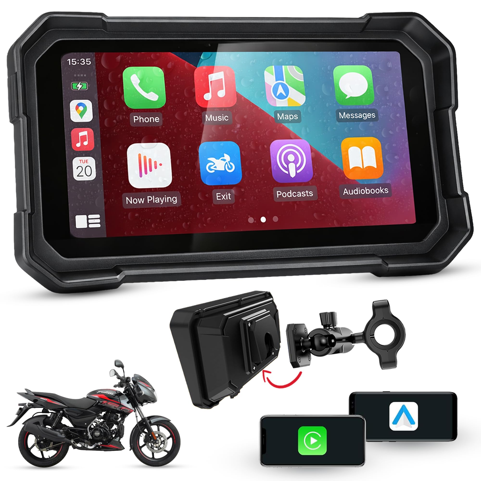 Autofy Motoplay 5 Inch Waterproof Bike Navigation Screen with Wireless CarPlay & Android Auto Quick Detachable Design, Android Auto Wireless Adapter
