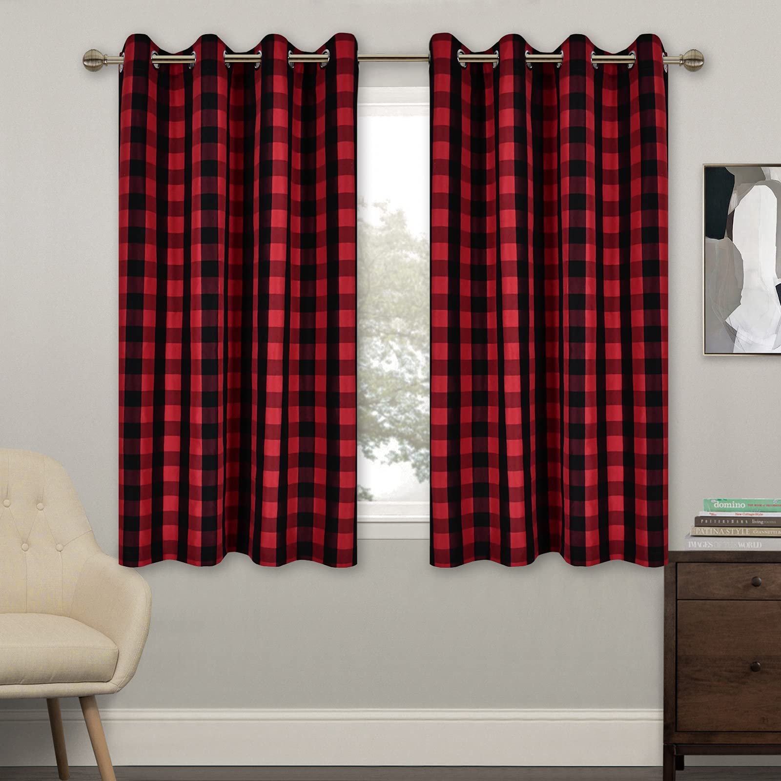 MUMFAS Red and Black Buffalo Plaid Curtains for Bedroom Thermal Insulated and Energy Efficient Grommet Curtains for Living Room Farmhouse Courtyard Style Curtains,52 x 45 Inches 2 Panels