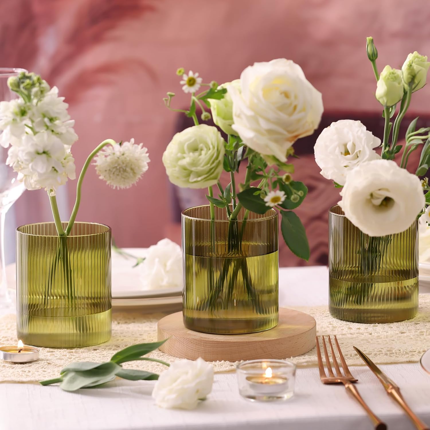 Glass Ribbed Cylinder Vase Set of 6, Bud Vase for Wedding Centerpieces, Green Flower Vases Bulk, Hurricane Floating Candle Holder, Decorative Flower Vase for Table Housewarming Gifts (Green) - Image 7