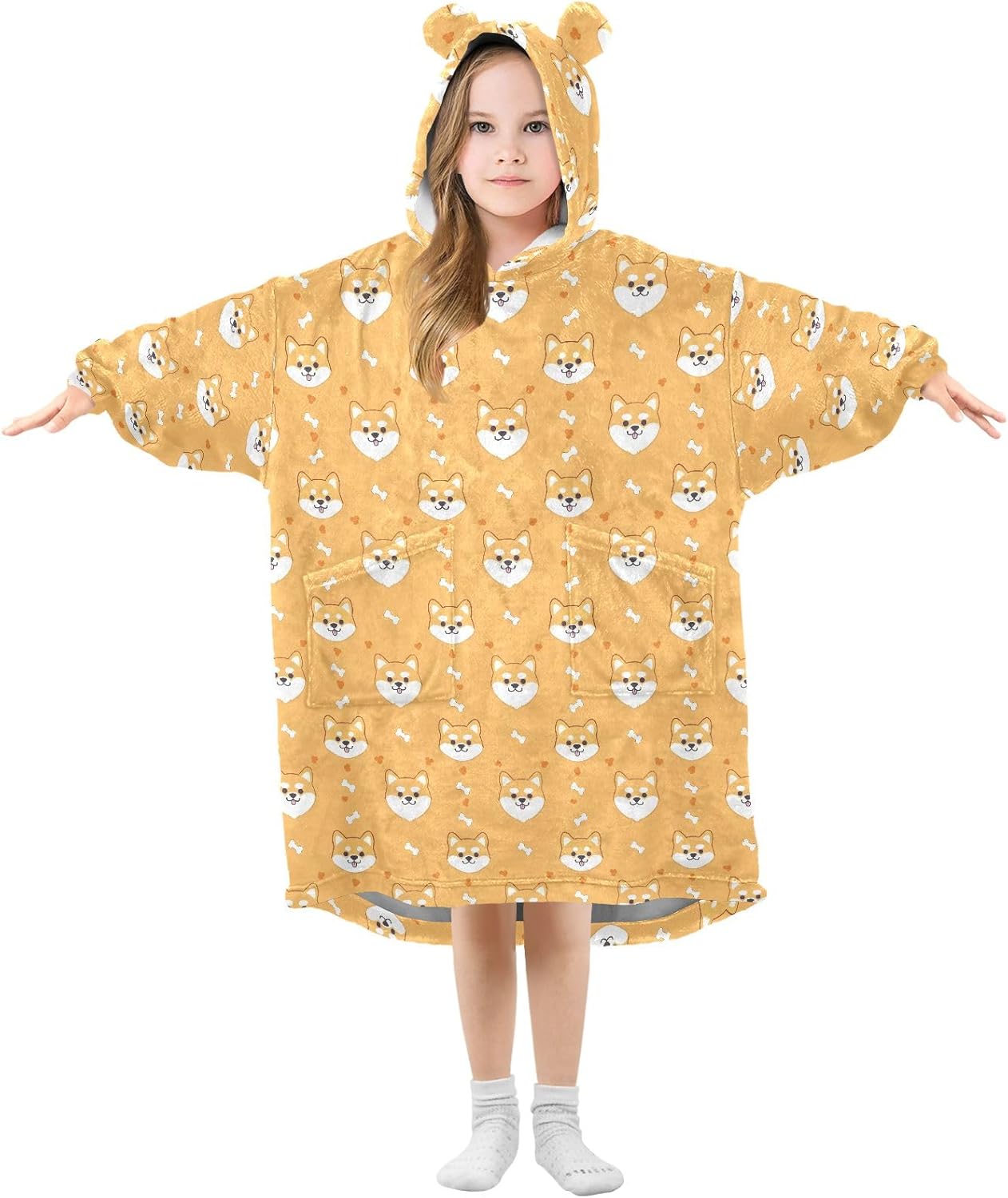 Cute Shiba Inu Pattern Wearable Blankets for Kids, Soft Warm Cozy Blanket Hoodie for Boys Girls with Pocket
