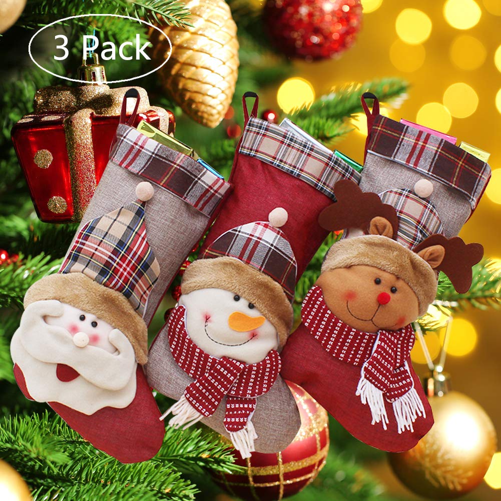 Onlykangfly Christmas Stocking, Christmas Decorations Party Ornaments Kits 18 inch Set of 3 Santa, Snowman, Reindeer, Xmas Character 3D Plush with Faux Fur Cuff for Kids Bag