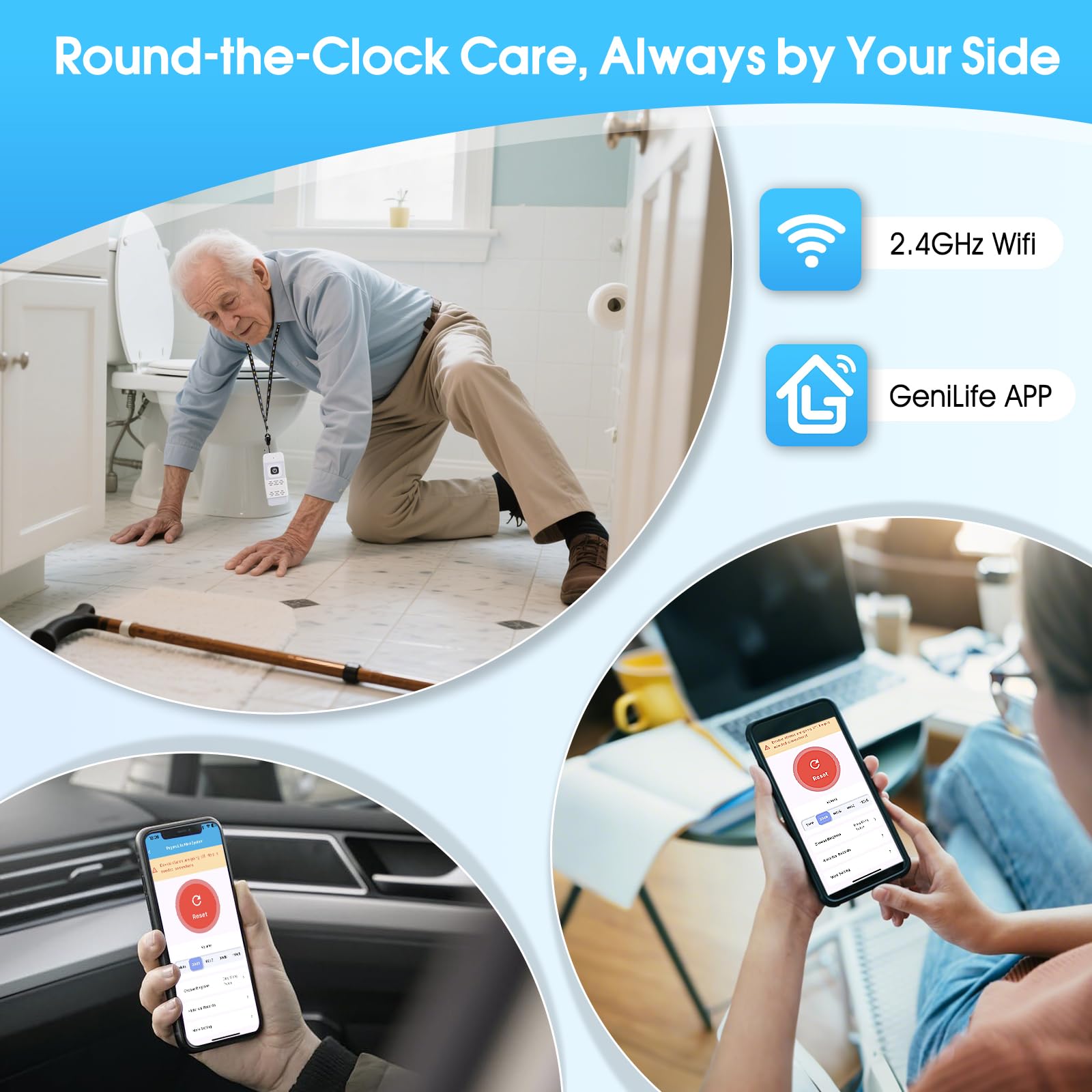WiFi Smart Wireless Caregiver Pager Call Button System for Elderly Fall Monitoring with App Alerts & 110dB Loud Receiver, Anti-Mistouch Design (2 Panic Buttons + 1 Receiver)