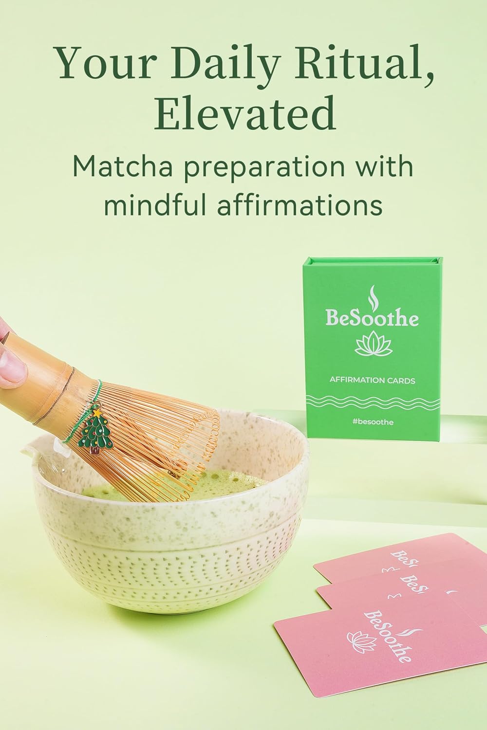 Bamboo Matcha Whisk with Evergreen Pine Charm & Affirmation Cards – Signature Ritual Edition Japanese Chasen for Ceremonial Matcha