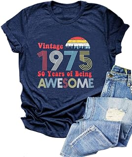 Vintage 1975 T Shirts for Women 50th Birthday Shirts Gifts Born in 1975 Tshirt Retro Short Sleeve Tee Tops