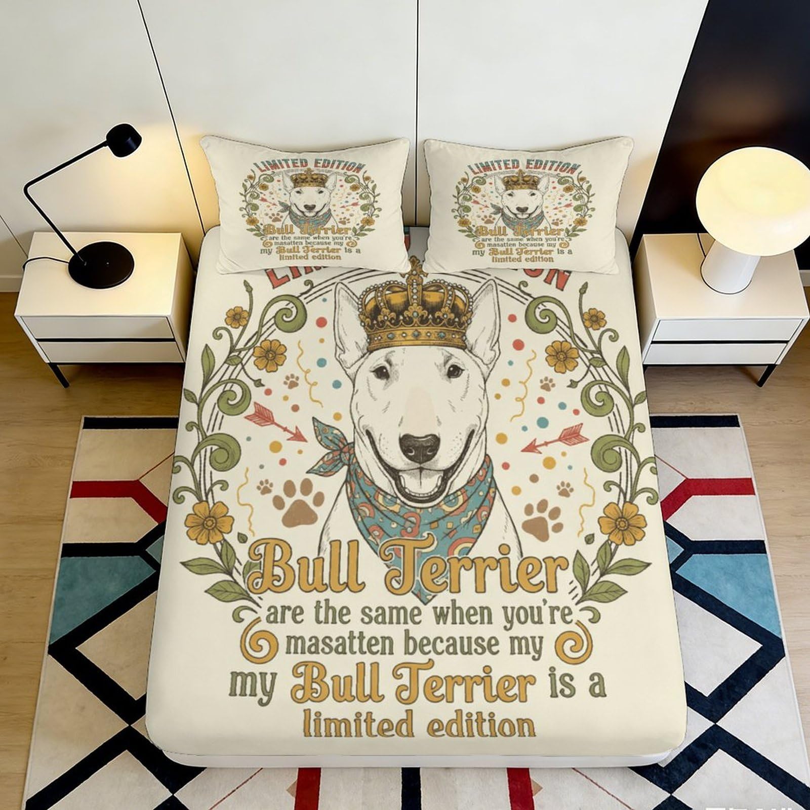 Pnayamiorkfel Style-1 3D Printed Bull Terrier Crown Fitted Sheet Microfiber Anti-Slip Bed Cover Dog Art Pattern For Bedroom Guestroom Decor 90X200x25cm