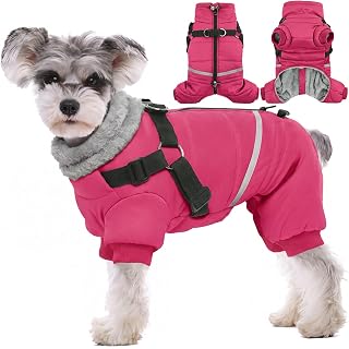 BRKURLEG Small Dog Winter Coat with Harness, Full Body Jacket, Hot Pink, L