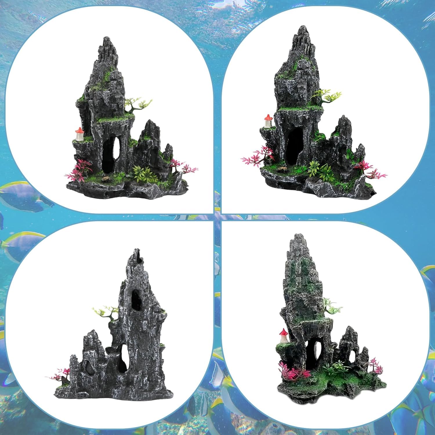 Decorazione per acquario in resina extra con grotta e casa sull'albero, grande ornamento tematico per acquario, decorazione per acquario (con piccoli pesci e piante acquatiche in plastica di