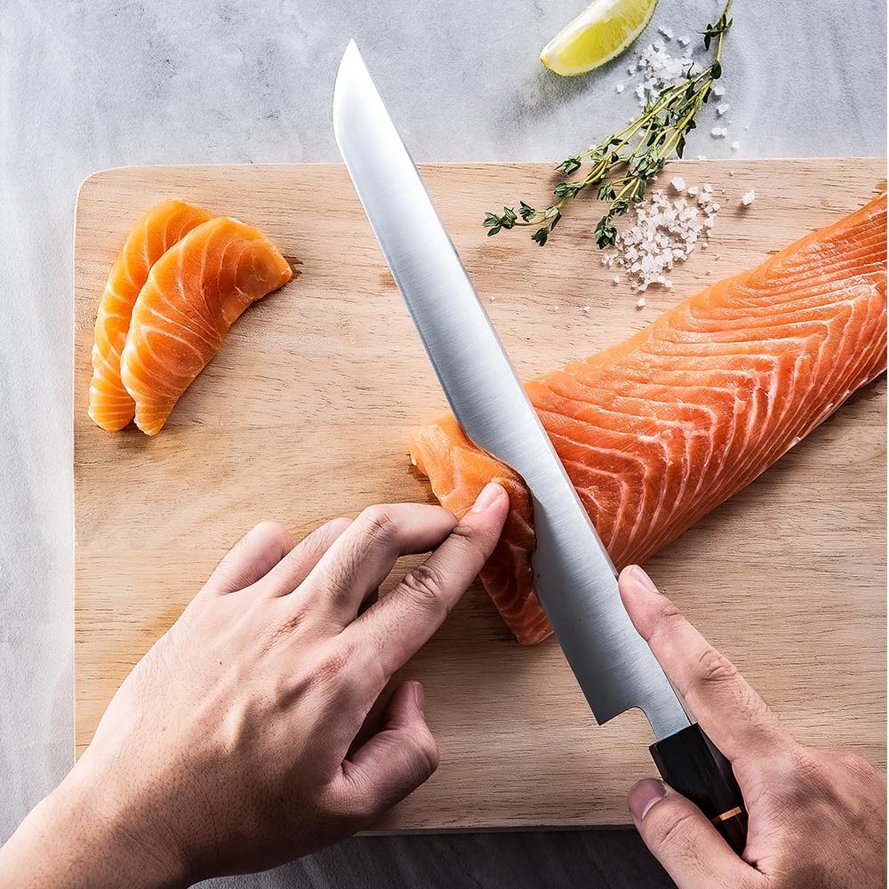 Seido Knives Sakimaru Takohiki 10" Rosewood and Ebony Buffalo Horn Unique Design Octagonal Shape Handle - with Magnetic Saya Sheath Knife Cover Made