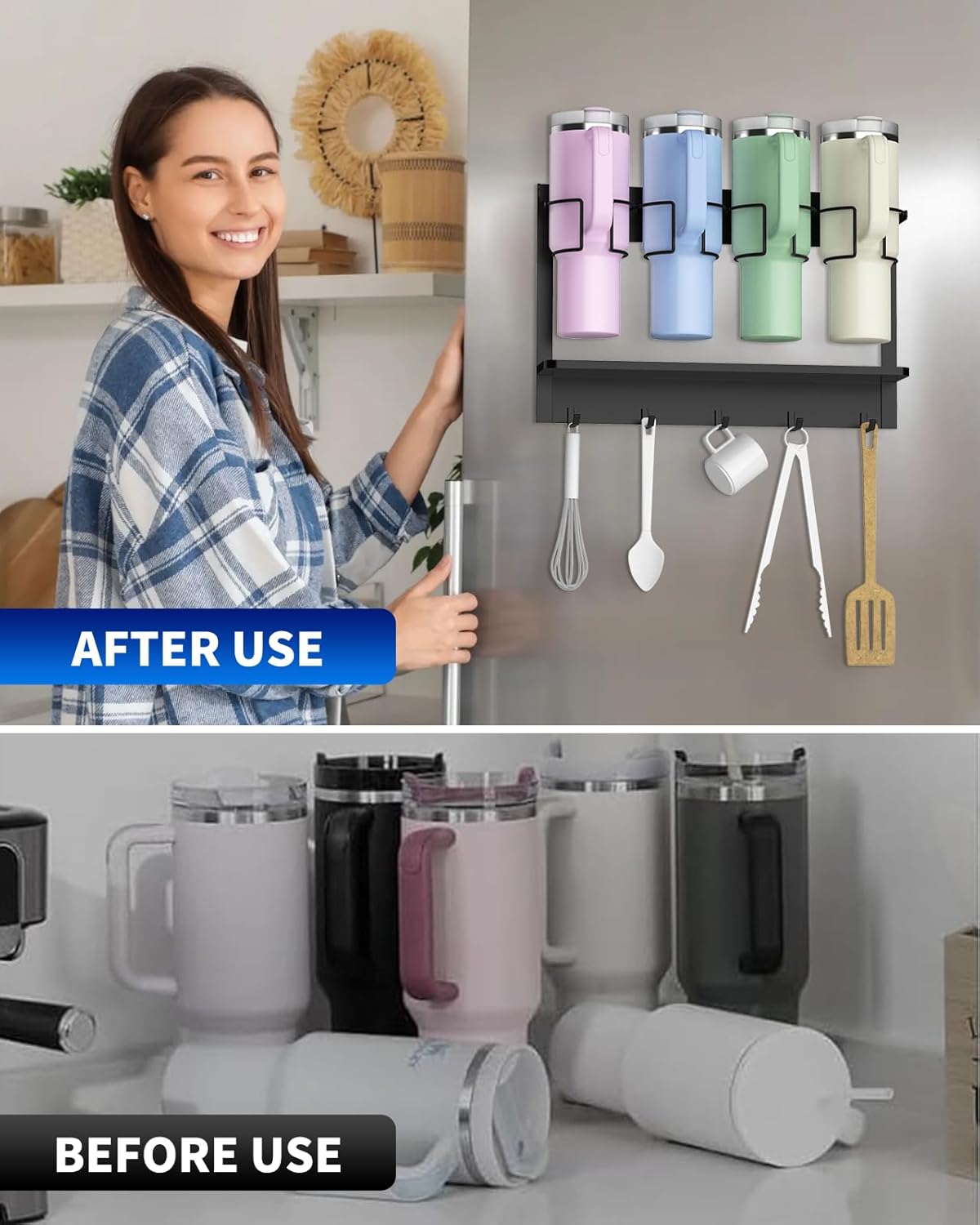 Magnetic Cup Holder for Stanley 20/30/40 oz, Water Bottle Organizer for Stanley & Most Tumblers Kitchen Cabinet Fridge Storage Rack with 5 Hook