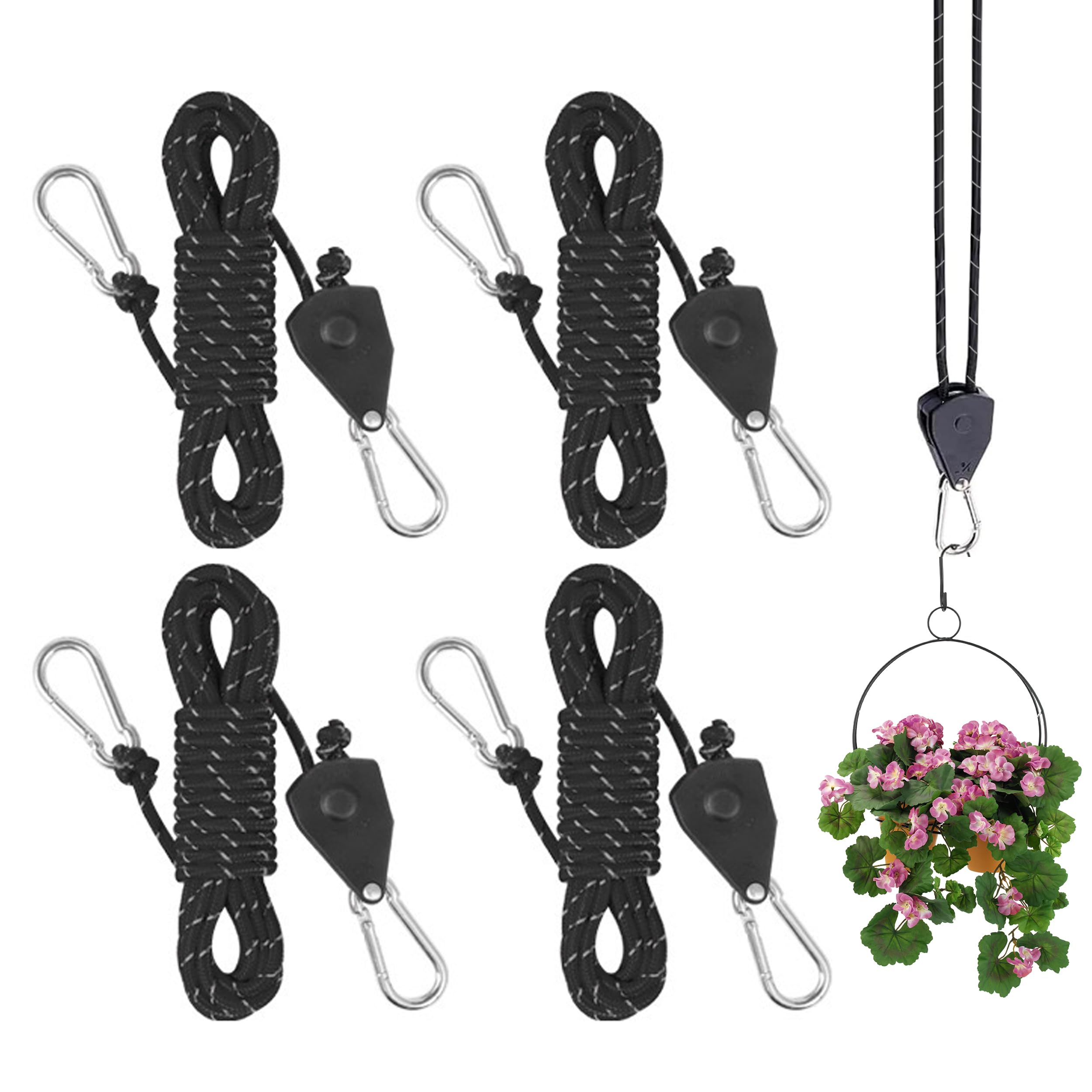 Reflective Tent Guy Ropes, 4Pcs Tent Guy Ropes with pulley 4M, Cord Tent Guide Rope with Aluminum Reflective Tent Guy Ropes with Pulley for Outdoor Camping Hiking Awning Tents (Black)