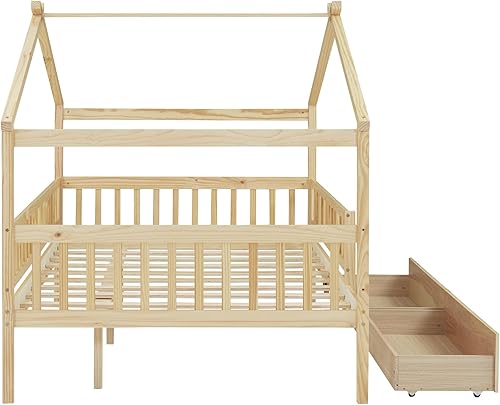 Miniatura 225 de Merax Cama de madera de tamaño individual con dos cajones, marco de cama de madera con techo para niños, adolescentes, niños o niñas, gris