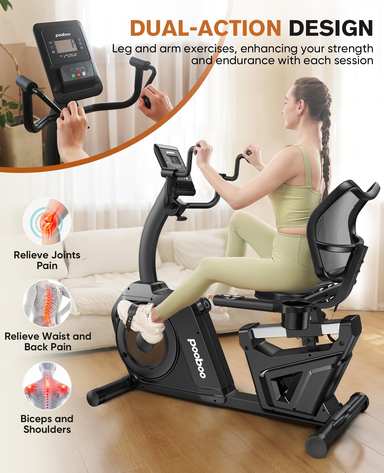 pooboo Recumbent Exercise Bike, Stationary Bikes for Home with Arm Exerciser, Magnetic Recumbent Bike with Ergonomic Backrest & Comfortable Seat, Smart APP, Pulse Sensor, 400LBS Weight Capacity