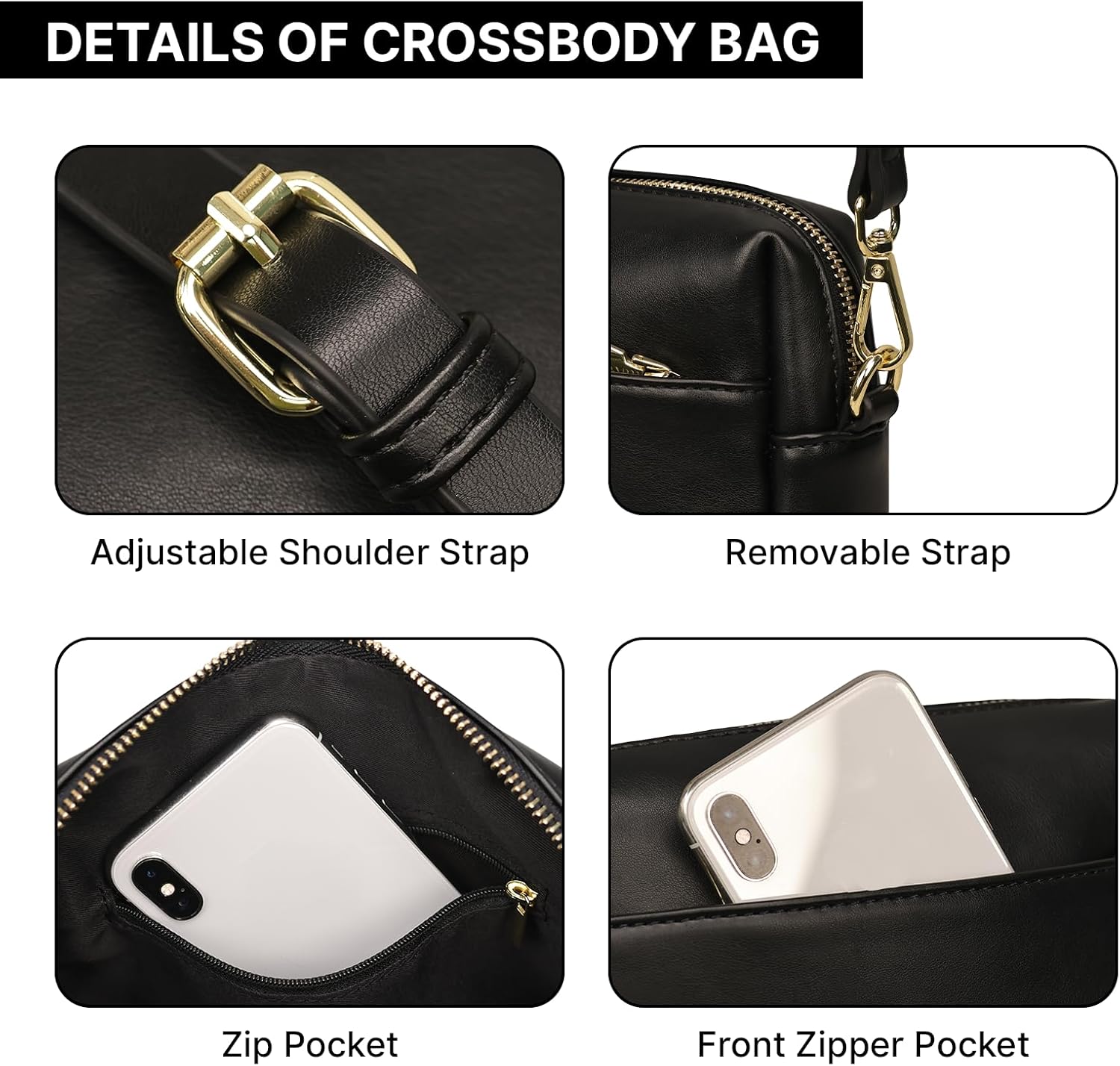 Triple Zip Crossbody Bag for Women - Vegan Leather Camera Purse with Detachable Strap & Organizer Pockets for Travel - Image 6