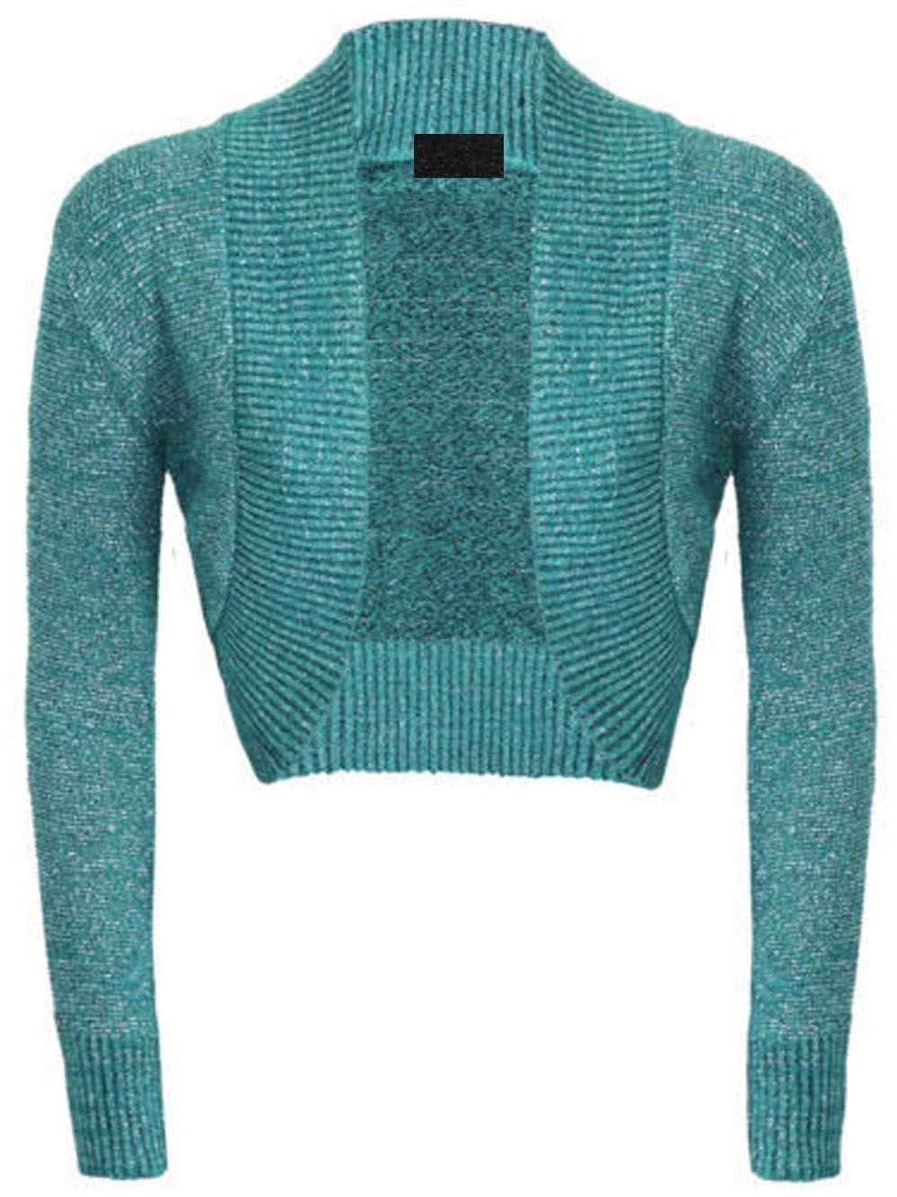 New Ladies Womens Long Sleeve Shiny Knitted Metallic Lurex Shrug Bolero Cardigan Top Size 8-66