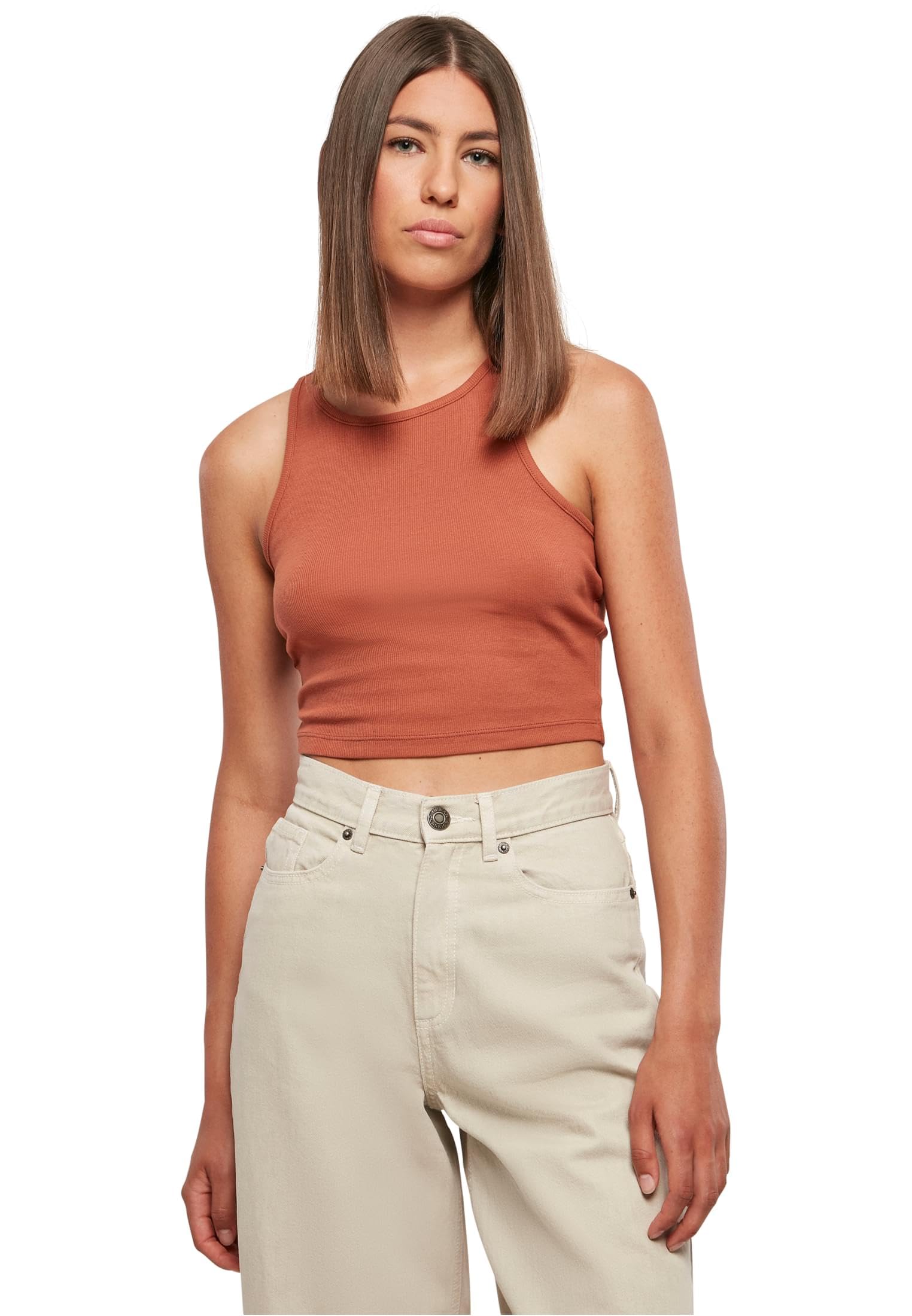 Urban Classics Women's Ladies Cropped Rib Top Cami Shirt, Terracotta,