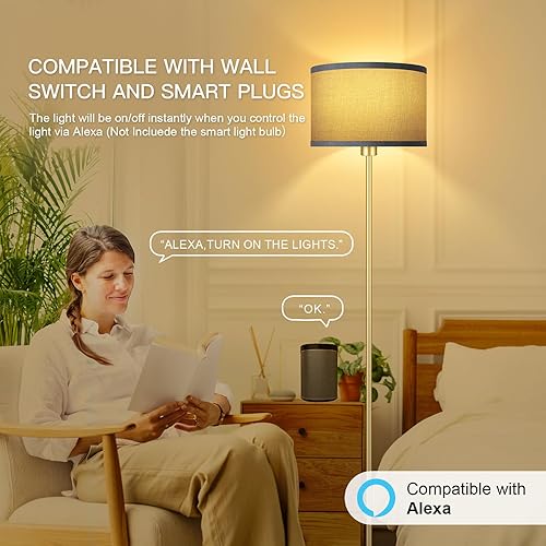 Miniatura 6 de Lámpara de pie dorada para sala de estar, lámpara de pie moderna con bombilla (12 W, 2700 K), pantallas de arpillera, interruptor de pie, lámpara