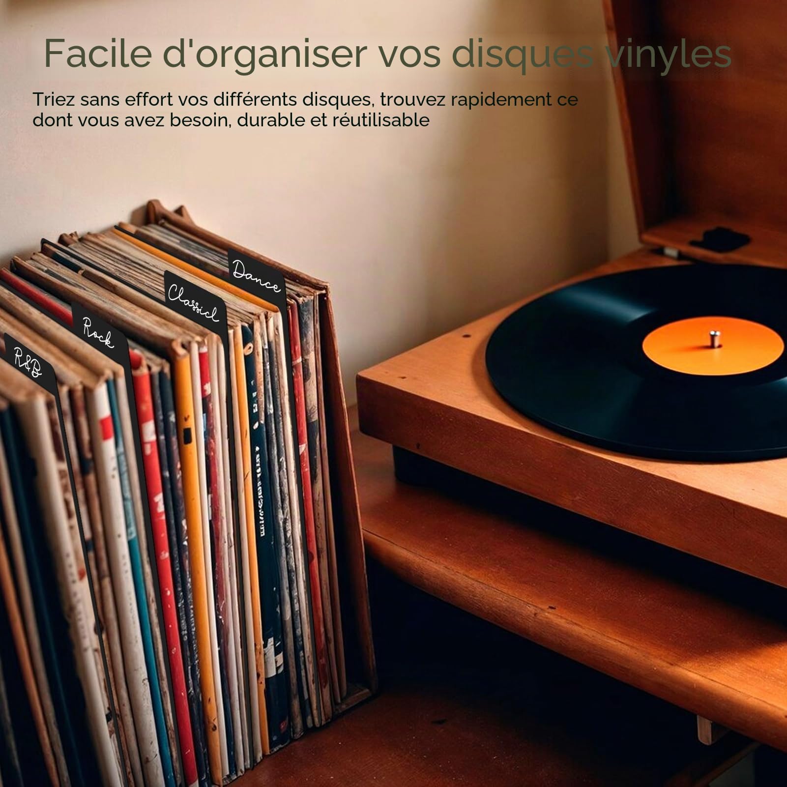 Lot de 50 intercalaires réutilisables en plastique avec onglets, 31,5 x 34 cm, séparateurs de disques vierges à faire soi-même, pour organisation à 33 tr/min (noir)