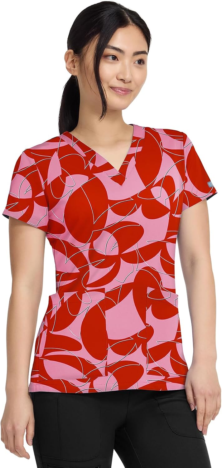 Med Couture Women's Printed Scrub Tops V-Neck with 2 Pockets, Durable, Lightweight, Ultra Soft & 360° Stretch Fabric - MC8564