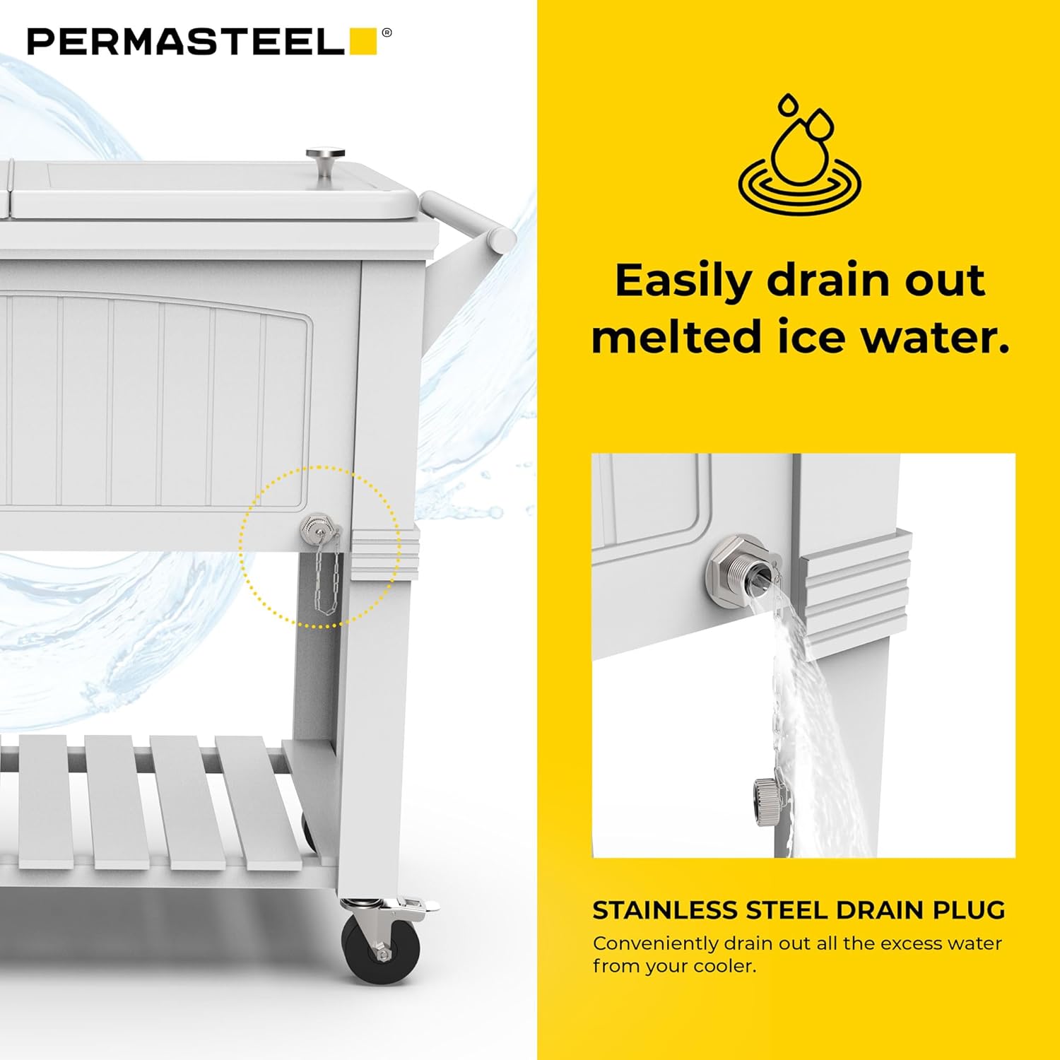 Permasteel Party Cooler with Divider, Spacious 80-Qt Capacity, Chills 36hrs, Serving Tray, Rolling Ice Chest for Indoor and Outdoor Entertainment, Matte White
