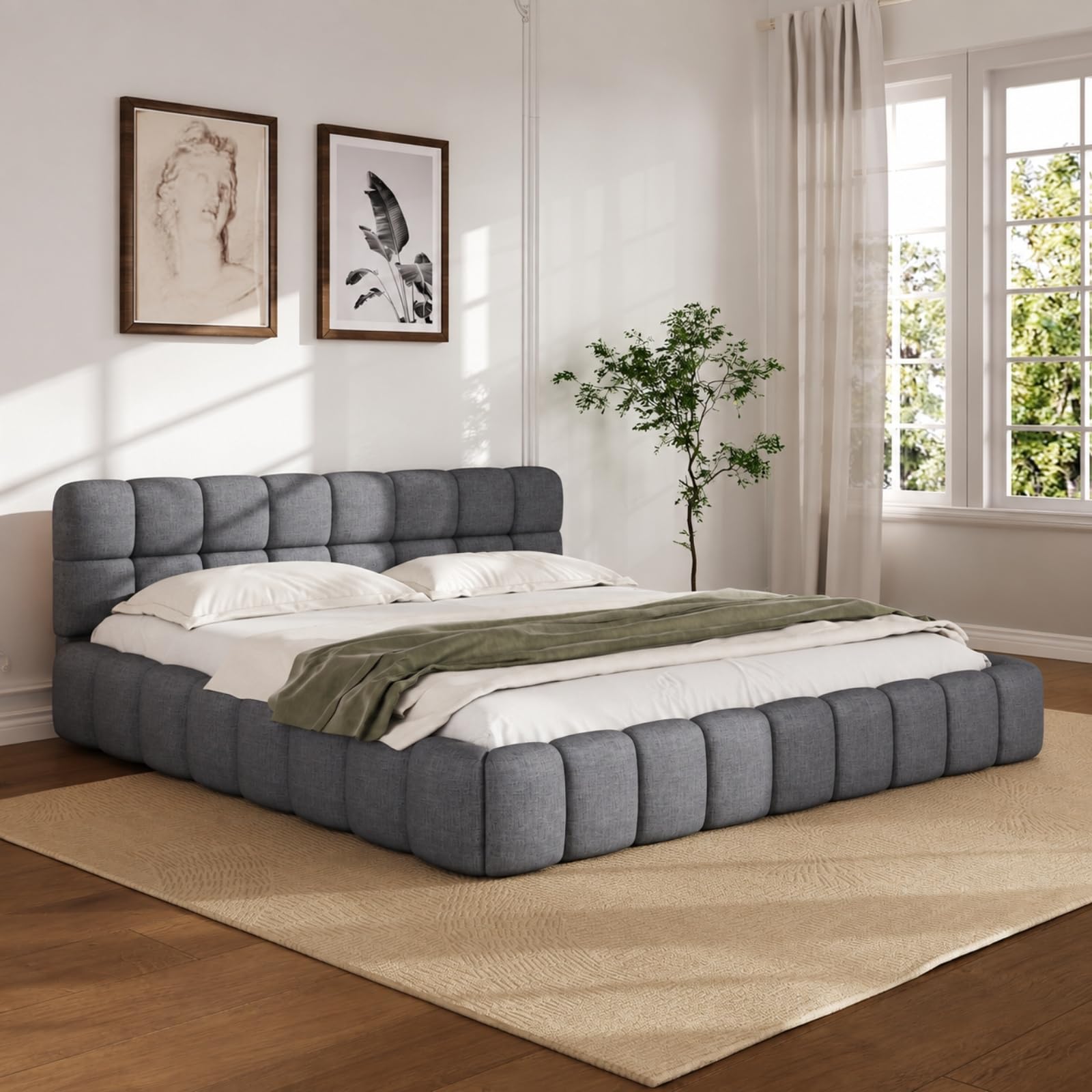 Fofetbfo Polsterbett 140x200, Doppelbett mit Bettkasten, Bubble Bett Jugendbett mit Lattenrost und Gepolstertes Kopfteil, Flachbett Gästebett, Leinen Beige,ohne Matratze (grau, 140x200 cm)