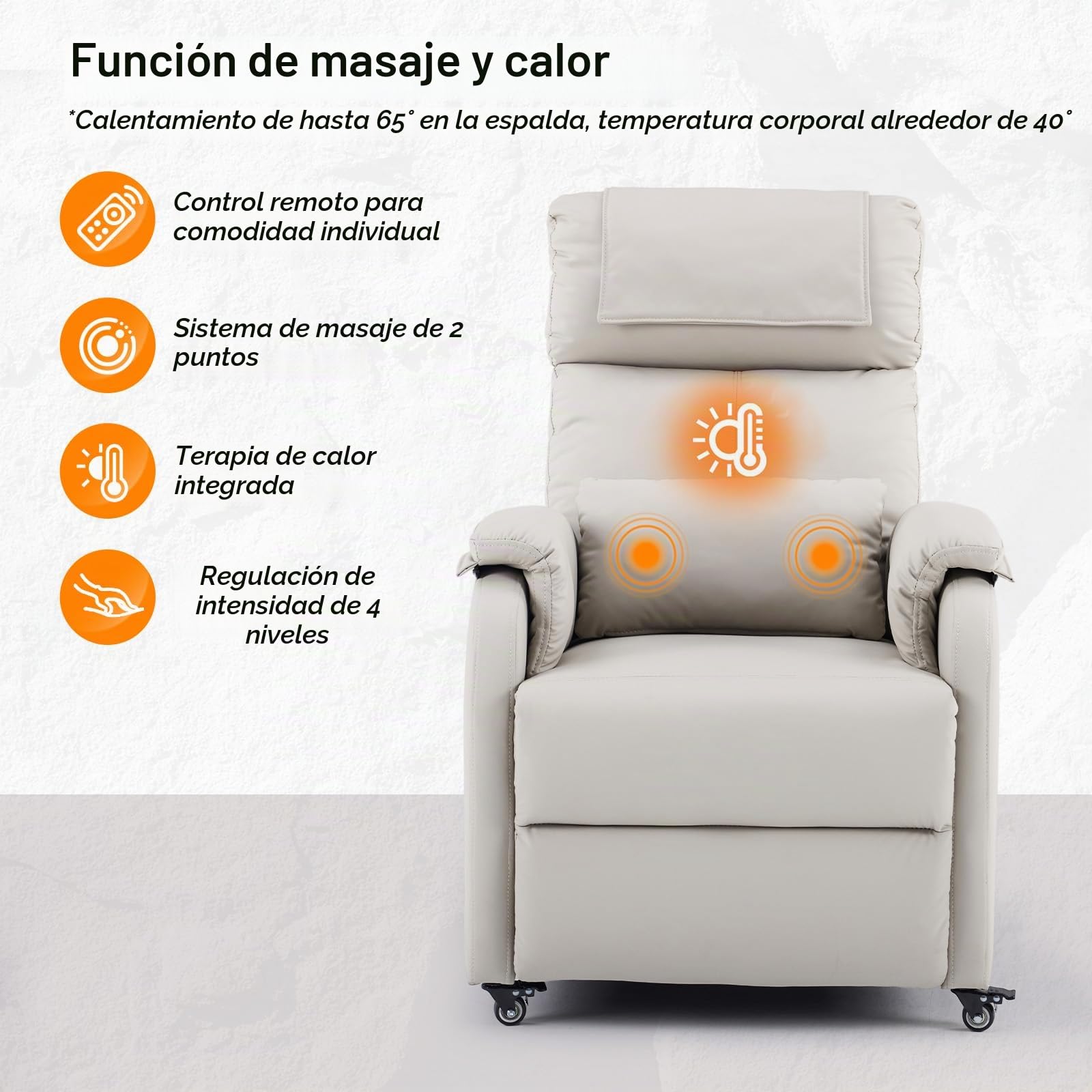 Bonnlo Sillón de relax, sillón de televisión, sillón de masaje eléctrico con función reclinable, sillón de TV, masaje de 2 puntos y función de calor, puertos USB-C y USB-A, 1 bolsillo lateral, piel