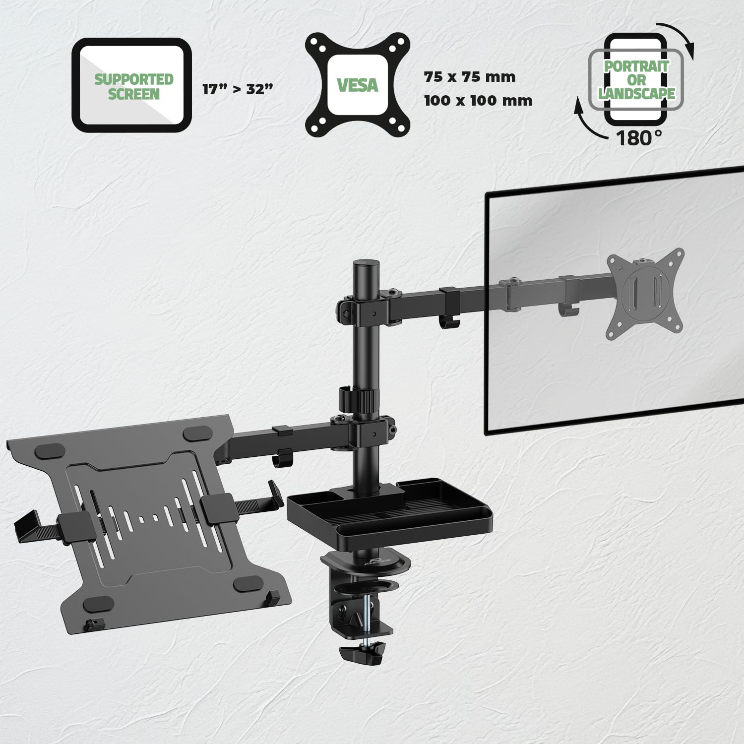 AD ADVANCE - XTENDMOUNTS Flex, Support Ecran PC de 17 à 32", Plateau Ordinateur Portable, Compatible VESA 75x75/100x100, Hauteur & Inclinaison Ajustable, Tablette Rangement & Support Smartphone