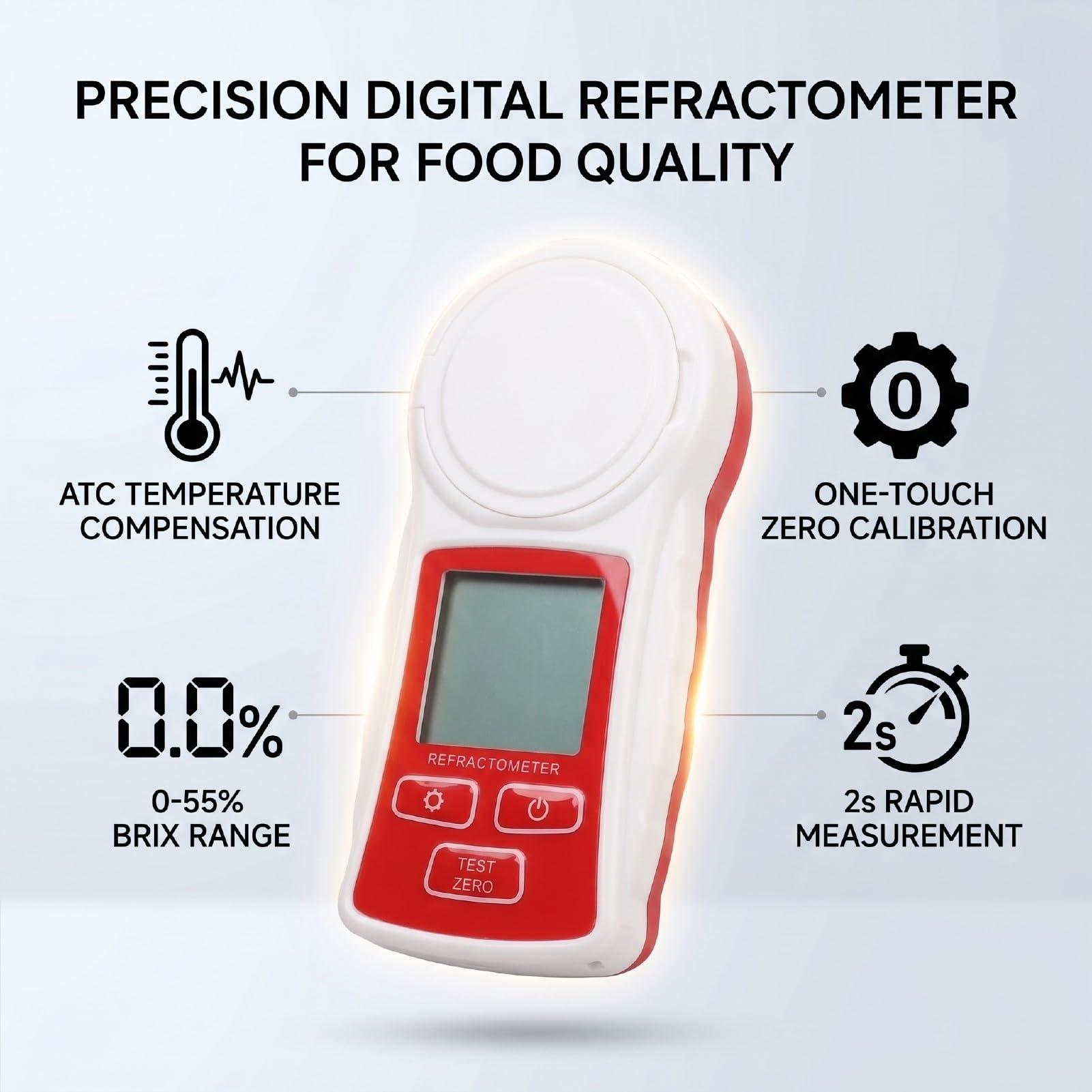 Luocute Refractómetro Digital, Medidor de Brix 0-55% for Medición de Azúcar y Líquidos | Refractómetro inteligente con compensación automática de temperatura y sensor