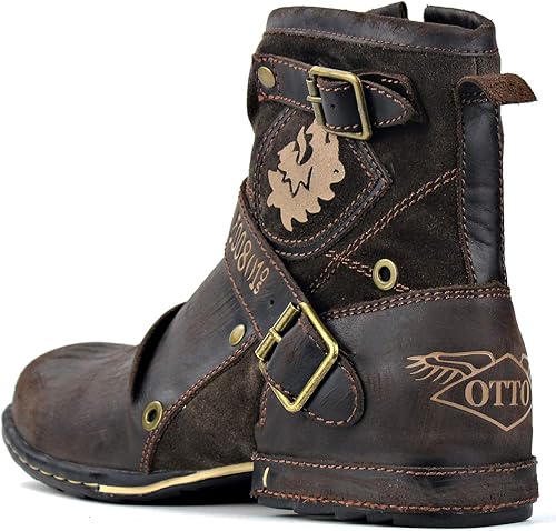 Miniatura 6 de OSSTONE Botas de moto para hombres Moda Zipper-up Cuero Botas Chukka Zapatos Casual Estilo Retro OS-5008-1-DA1B1, Marrón