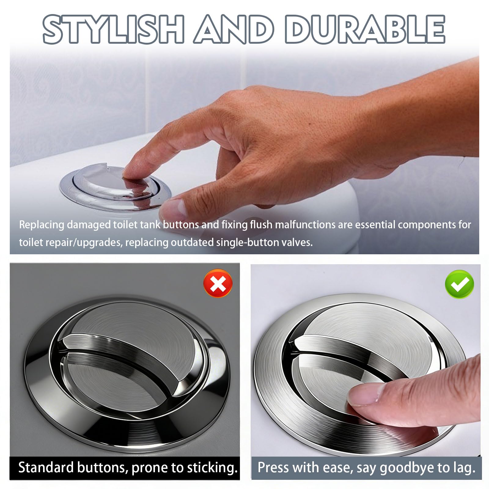 Pulsador cisterna, Botón de Cisterna Universal Rock para Inodoros de Doble Descarga, Accesorio de Baño Resistente y Duradero, Instalación Fácil y Rápida, Incluye 2 Palancas de Control
