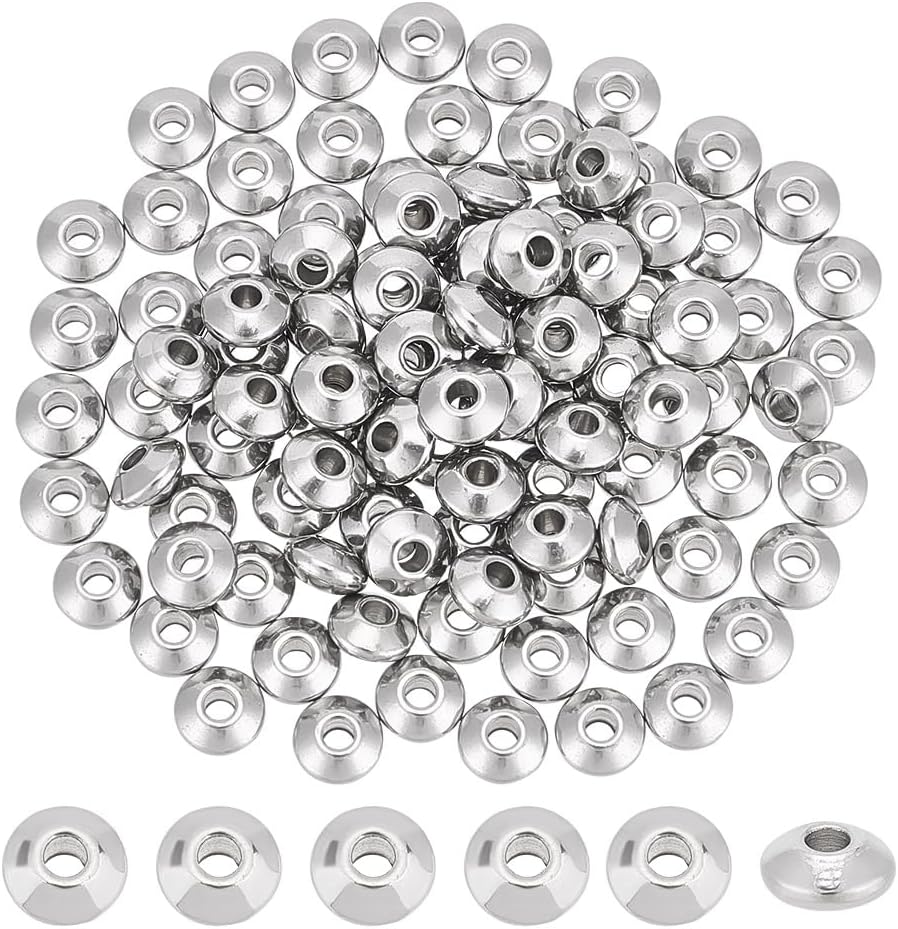 UNICRAFTALE 100Pcs Stainless Steel Spacer Beads 6mm Flat Round Beads Saucer Beads Loose Beads Rondelle Beads Smooth Beads Metal Beads Finding for DIY Bracelet Necklace Jewelry Making