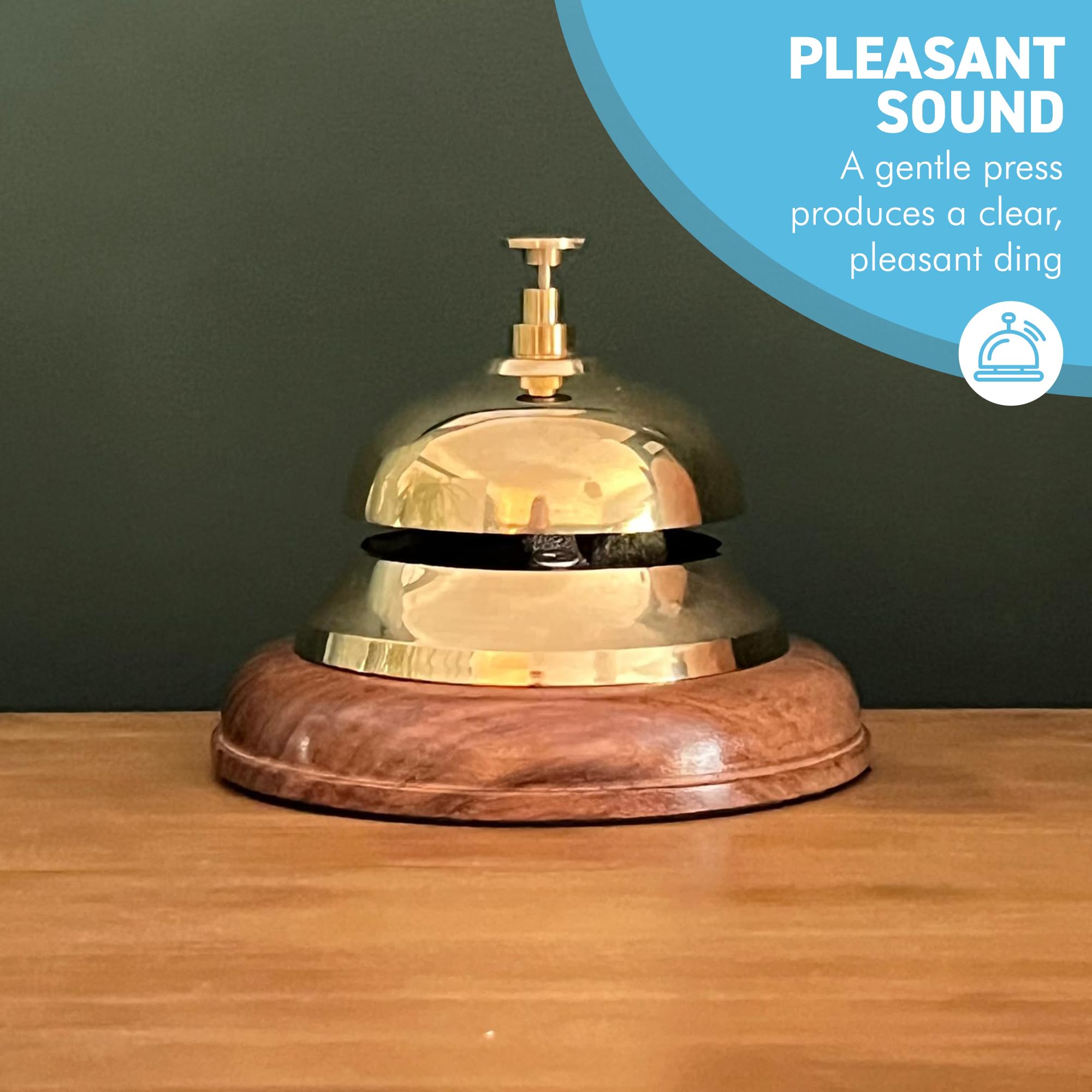 Elegant Brass Reception Desk Bell with Wooden Base - Ideal for Hotels Schools, and Restaurants (12cm W x 10cm H) - Image 3