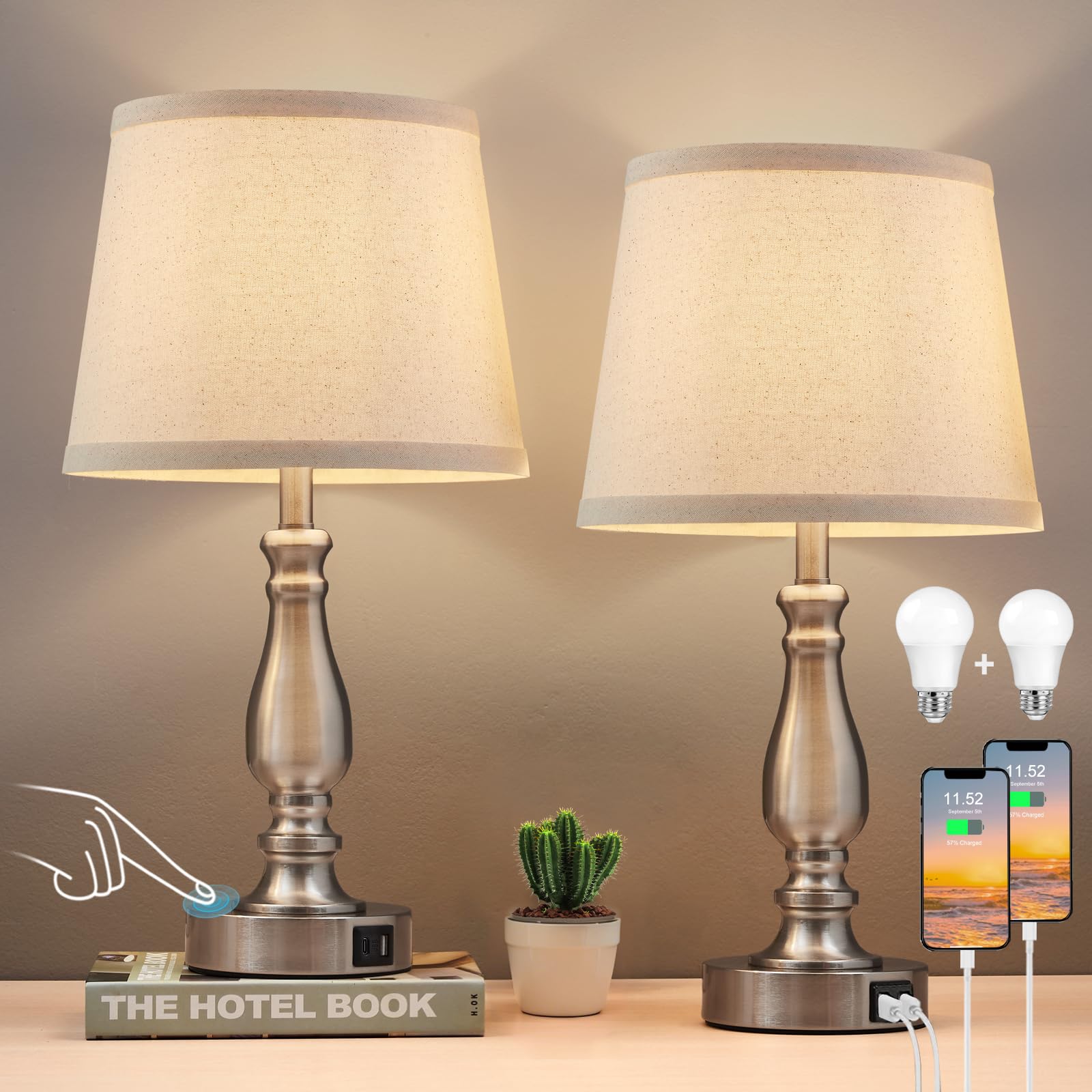 GyroVu Lámpara de Mesa Juego de 2, lámparas de mesita de noche táctiles con puertos USB C+A, lámparas de mesita de noche regulables en 3 intensidades para mesitas auxiliares, mesitas de noche