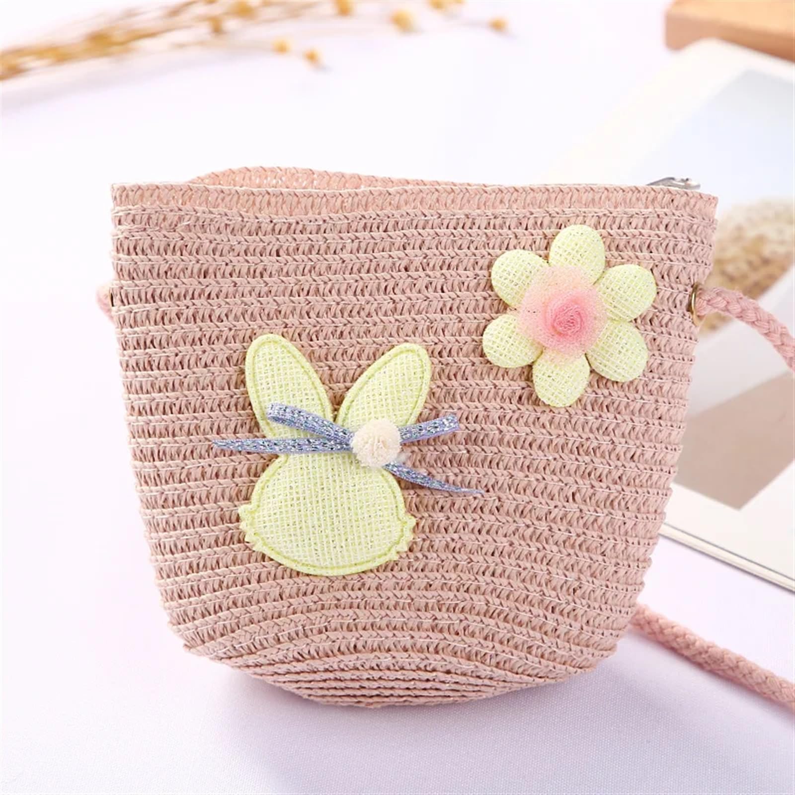 DVMSIEF Straw Bag Cute Children Straw Shoulder Bags Flower Baby Girls Small Bucket Crossbody Bag Boys Kids Mini Coin Purse Beach Handbags(Rabbit pink)