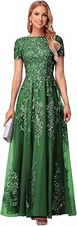 Lace Appliques Mother of The Bride Dresses Short Sleeves Long Sequin Beaded Formal Evening Prom Dress YO149 - Buy now