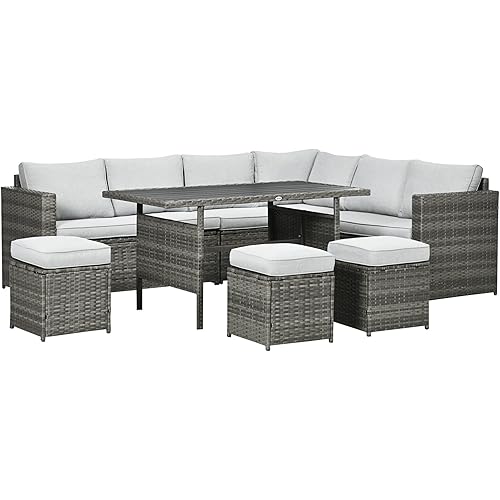 Outsunny 7 Piece Patio Furniture Set, Outdoor L-Shaped Sectional Sofa with 3 Loveseats, 3 Ottoman Chairs, Outside Conversation Set with Dining Table, Cushions, Storage, Mixed Gray