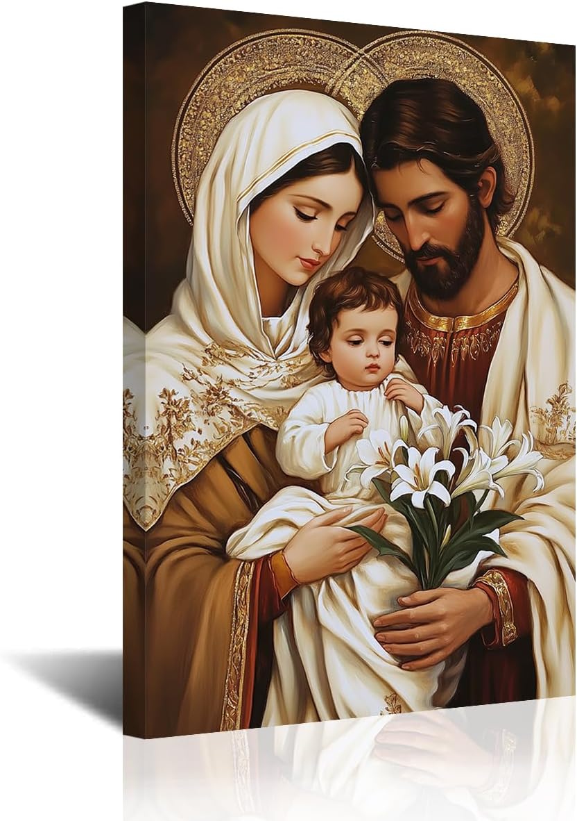 CXHOSTENT Holy Family Pictures Catholic Art Jesus and Virgin Mary Canvas Wall Art God Poster Christian Painting for Church Office Decor Framed (18L x 12W)